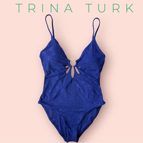 TRINA TURK JOPLIN JACQUARD PETAL CUTOUT PLUNGE ONE PIECE SWIMSUIT blue size 8 - Picture 1 of 11